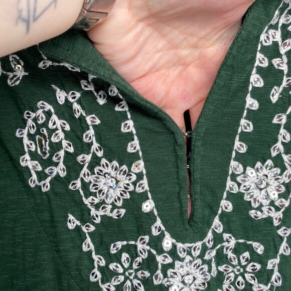 Soft Surroundings Boho Nightgown Maxi Dress Sequin Embroidered Green White Sz M - Picture 7 of 10